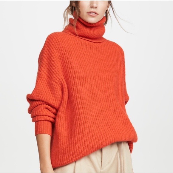 Autumn Cashmere Oversized Long Turtleneck Sweater Neon Orange Koi Slouchy XS